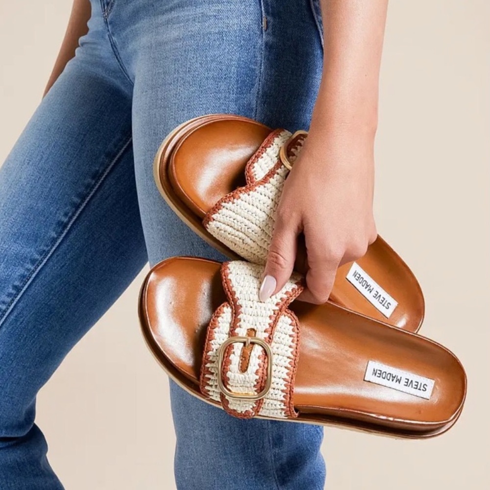 Steve Madden Tan Leather and Cream Woven Buckle Slide Sandals
